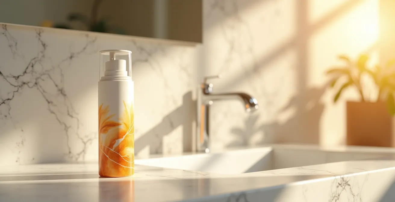 Symbolic representation of daily sunscreen routine showing minimalist bathroom counter with morning light streaming through window