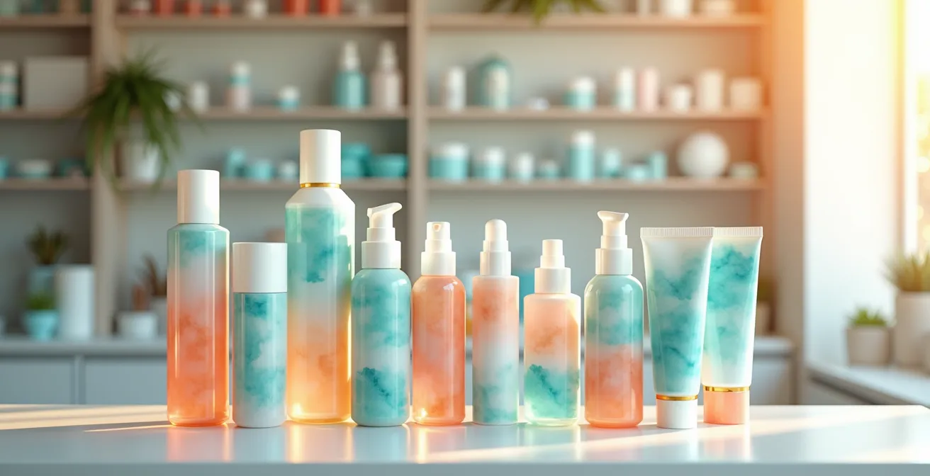 Close-up of hands holding various pharmacy sunscreen bottles with diverse SPF formulations displayed against soft natural lighting