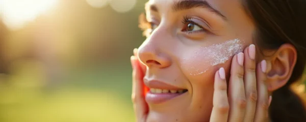Close-up of a woman applying sunscreen on her face with a serene expression in natural sunlight