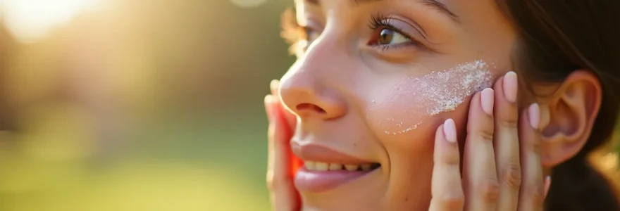 Close-up of a woman applying sunscreen on her face with a serene expression in natural sunlight