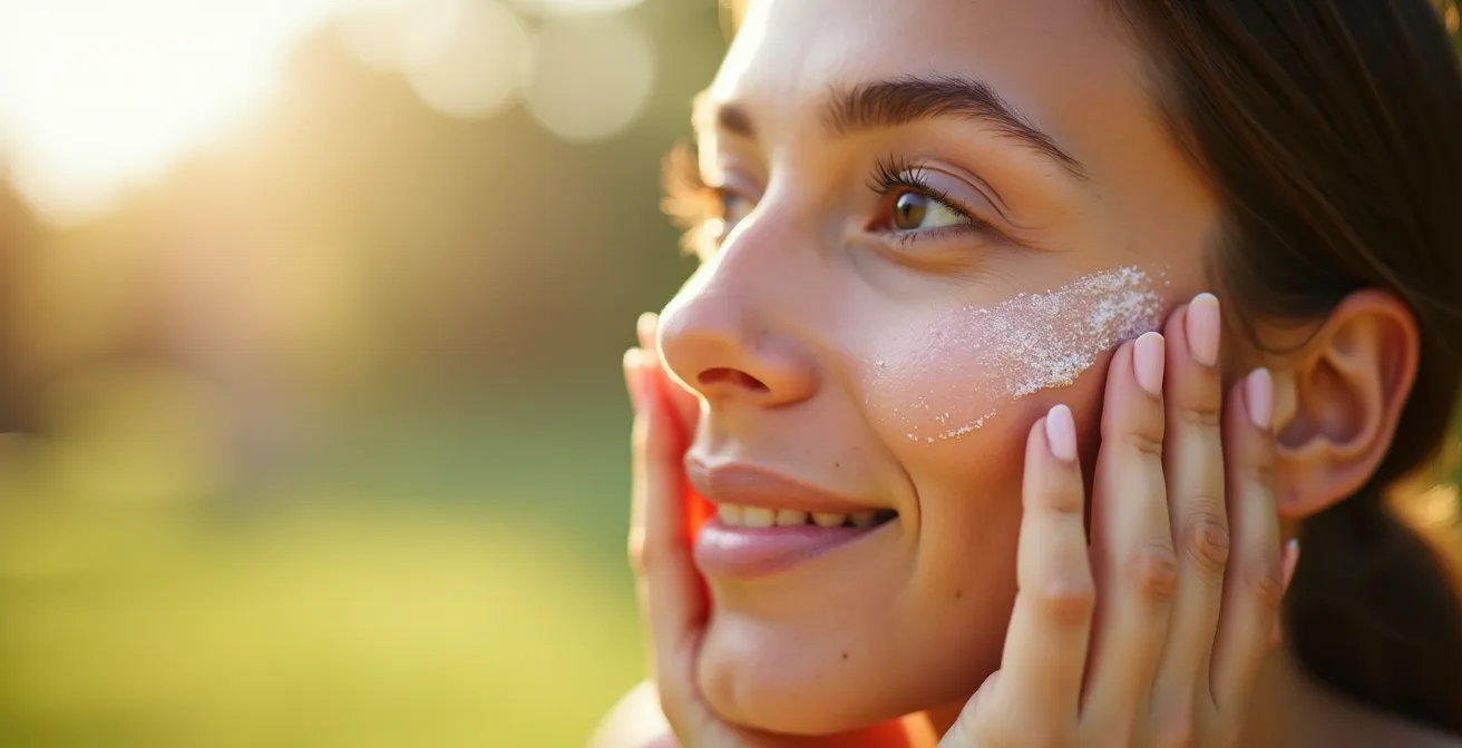 Close-up of a woman applying sunscreen on her face with a serene expression in natural sunlight