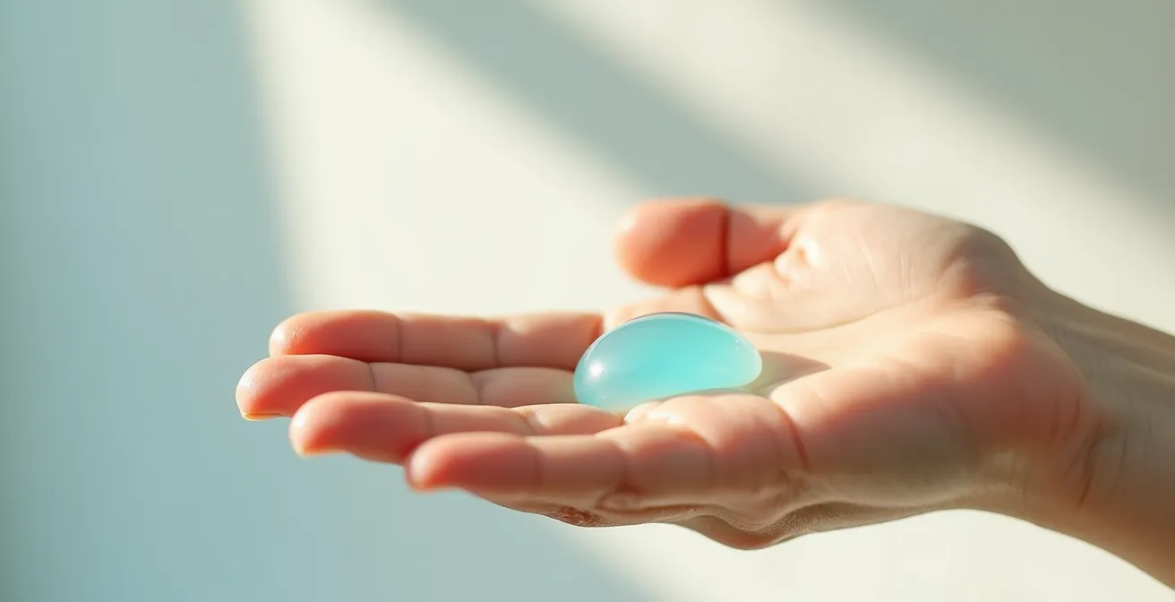 Detailed close-up of a hand dispensing lightweight sunscreen gel with smooth, non-greasy texture spreading easily on skin